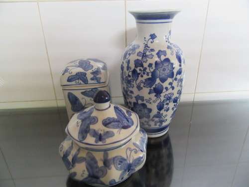 Set of  3 Blue & White Vase, Ginger Jar & Trinket Jar