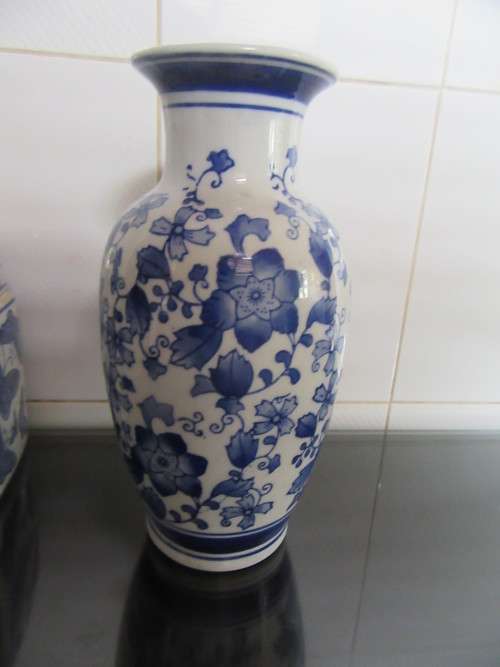 Set of  3 Blue & White Vase, Ginger Jar & Trinket Jar