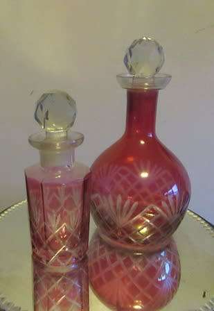 Pair of Cranberry Cut Glass Perfume Bottles