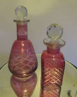 Pair of Cranberry Cut Glass Perfume Bottles