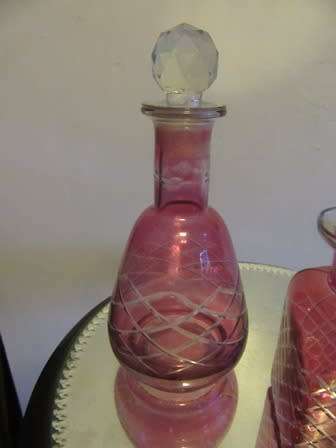 Pair of Cranberry Cut Glass Perfume Bottles