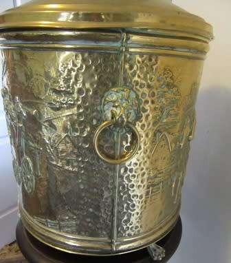 19th Centuary Brass Circular Repousse Embossed Horse & Carriage Kinder/ Coal Box