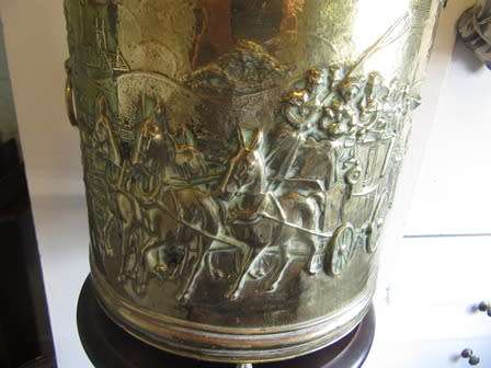 19th Centuary Brass Circular Repousse Embossed Horse & Carriage Kinder/ Coal Box