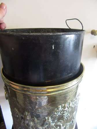 19th Centuary Brass Circular Repousse Embossed Horse & Carriage Kinder/ Coal Box