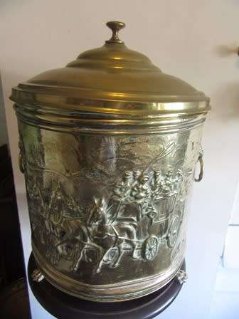 19th Centuary Brass Circular Repousse Embossed Horse & Carriage Kinder/ Coal Box