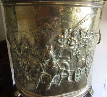 19th Centuary Brass Circular Repousse Embossed Horse & Carriage Kinder/ Coal Box