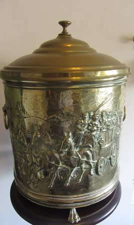 19th Centuary Brass Circular Repousse Embossed Horse & Carriage Kinder/ Coal Box