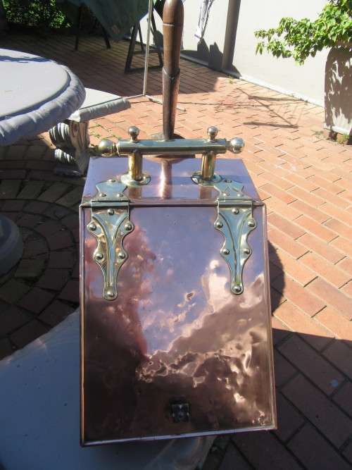 Victorian Copper & Brass Coal Scuttle With Shovel & Liner on Brass Wheels