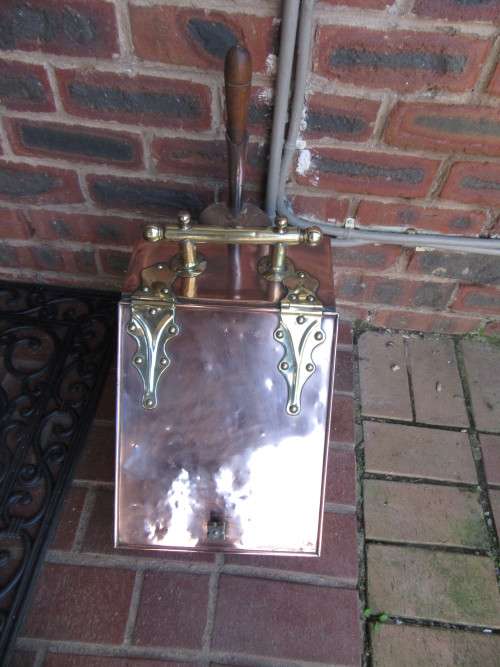 Victorian Copper & Brass Coal Scuttle With Shovel & Liner on Brass Wheels