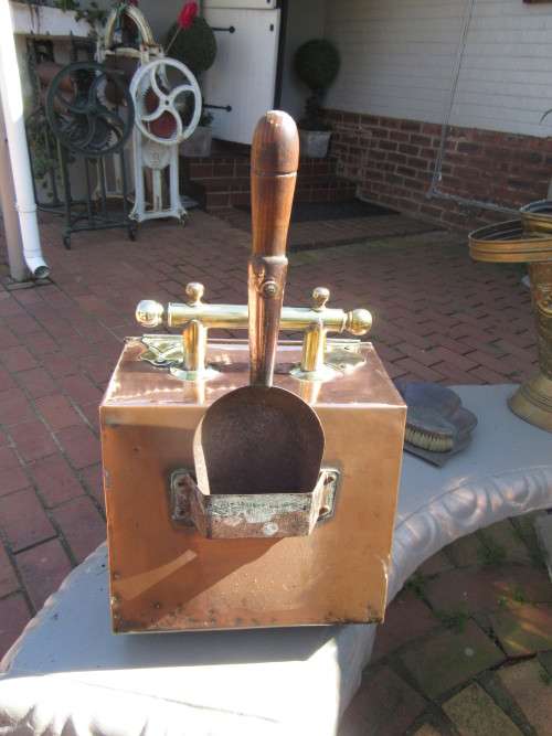Victorian Copper & Brass Coal Scuttle With Shovel & Liner on Brass Wheels