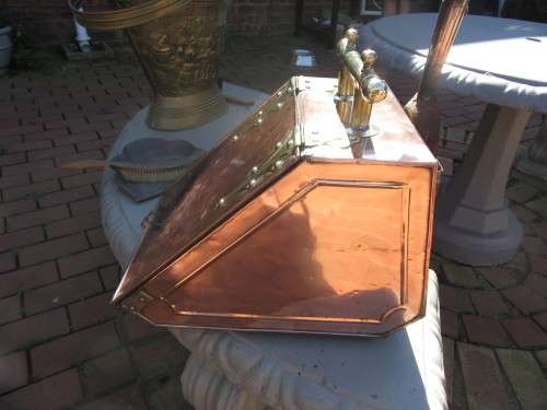 Victorian Copper & Brass Coal Scuttle With Shovel & Liner on Brass Wheels