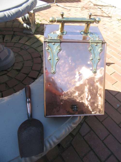 Victorian Copper & Brass Coal Scuttle With Shovel & Liner on Brass Wheels