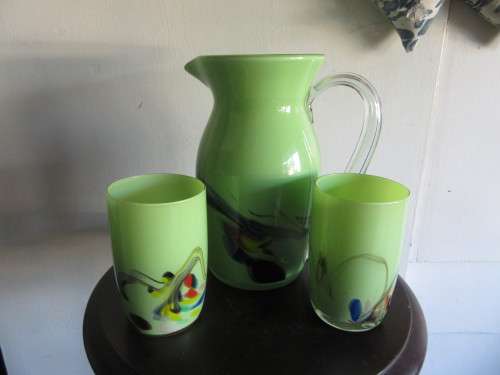 Murano Art Glass Water Pitcher with 2x Glasses
