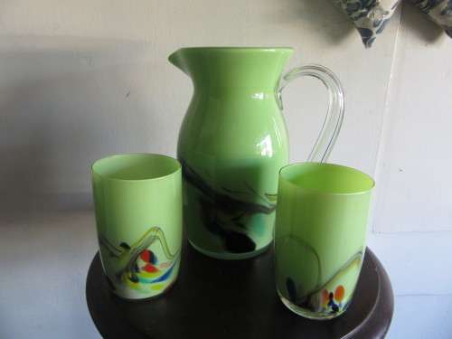 Murano Art Glass Water Pitcher with 2x Glasses