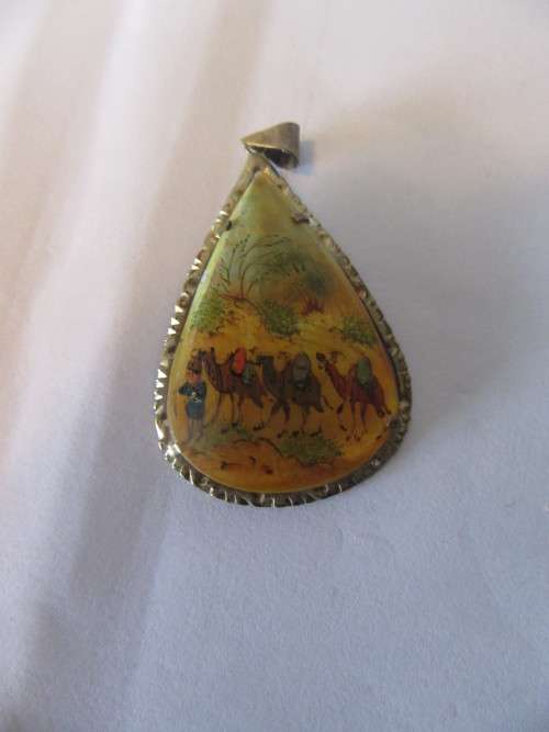 Antique Persian Hand Painted Camel Scene on A Pear Shaped Shell Pendant