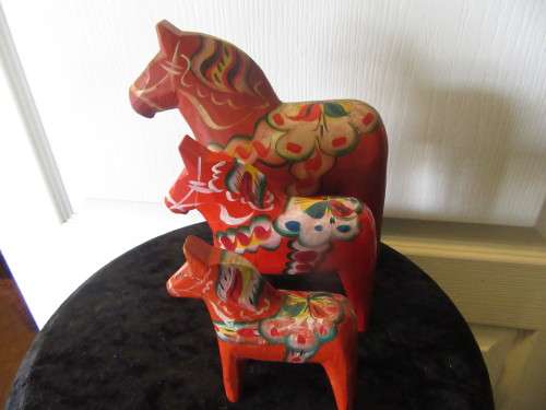 Mid Centuary Set of 3 Carved Wooden Dala Horses By Nils Olssen