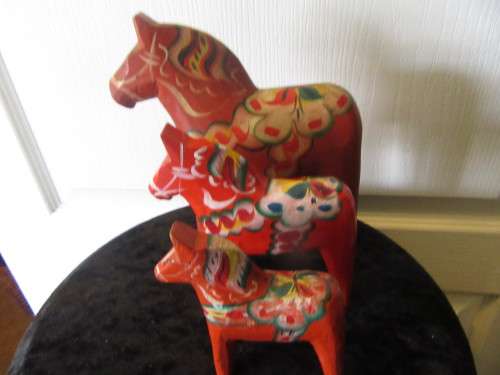 Mid Centuary Set of 3 Carved Wooden Dala Horses By Nils Olssen