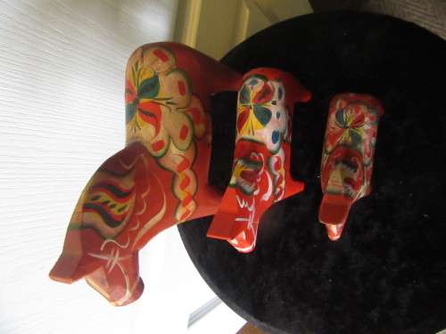 Mid Centuary Set of 3 Carved Wooden Dala Horses By Nils Olssen