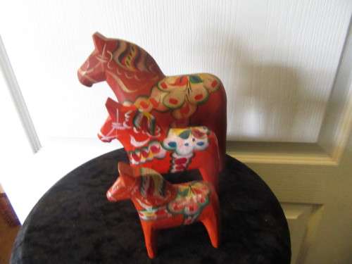 Mid Centuary Set of 3 Carved Wooden Dala Horses By Nils Olssen