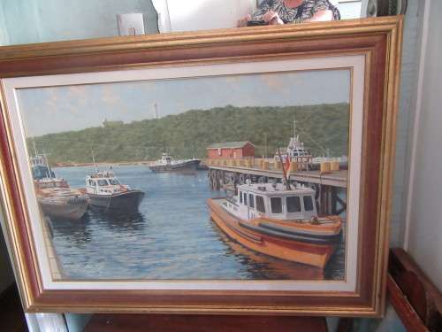 RA Campbell Painting From Durban Harbour Overlooking the Bluff Lighhouse Framed