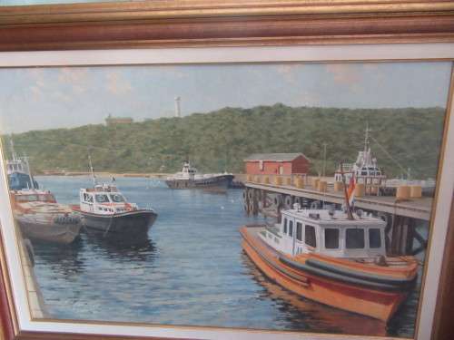 RA Campbell Painting From Durban Harbour Overlooking the Bluff Lighhouse Framed