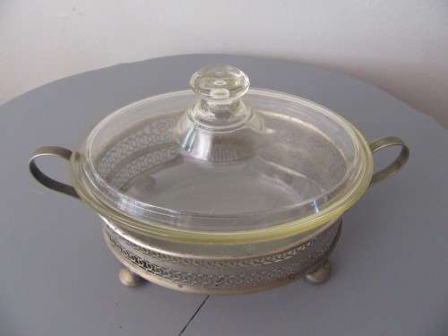 Pyrex Vegetable Casserole Dish with Silverplated Holder