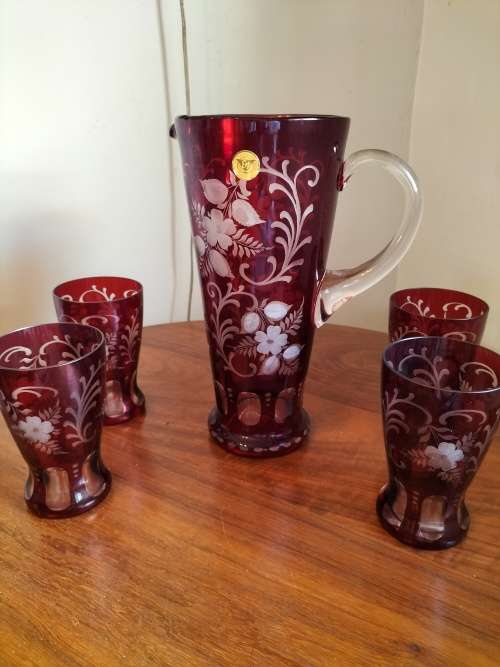kristall Bohemian Ruby Red Crystal  Pitcher with 4 Glasses