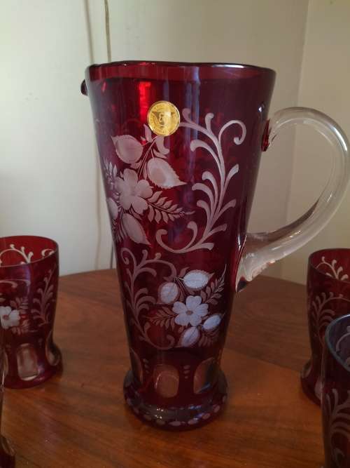 kristall Bohemian Ruby Red Crystal  Pitcher with 4 Glasses