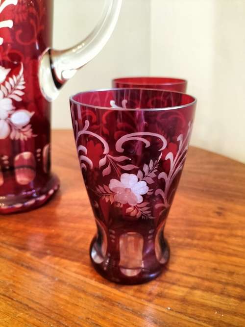 kristall Bohemian Ruby Red Crystal  Pitcher with 4 Glasses
