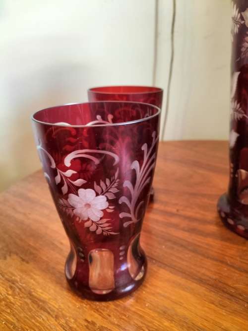 kristall Bohemian Ruby Red Crystal  Pitcher with 4 Glasses