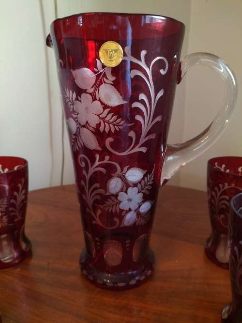 kristall Bohemian Ruby Red Crystal  Pitcher with 4 Glasses