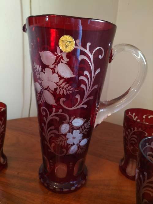 kristall Bohemian Ruby Red Crystal  Pitcher with 4 Glasses