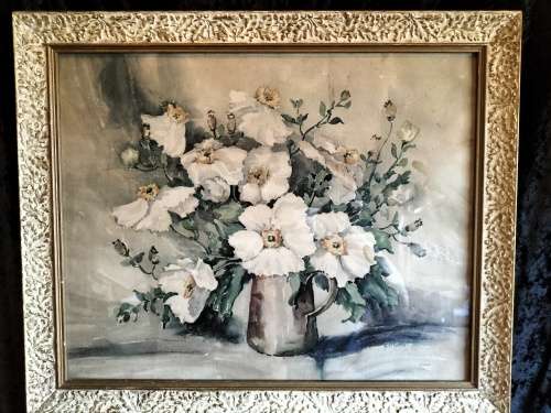 Framed Watercolour of a Bunch offlowers in a Pitcher by Heipis Everett