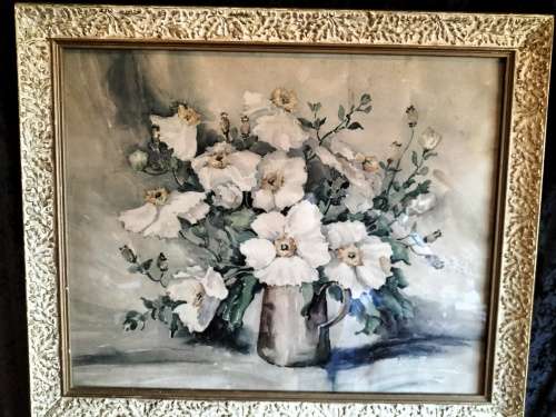 Framed Watercolour of a Bunch offlowers in a Pitcher by Heipis Everett