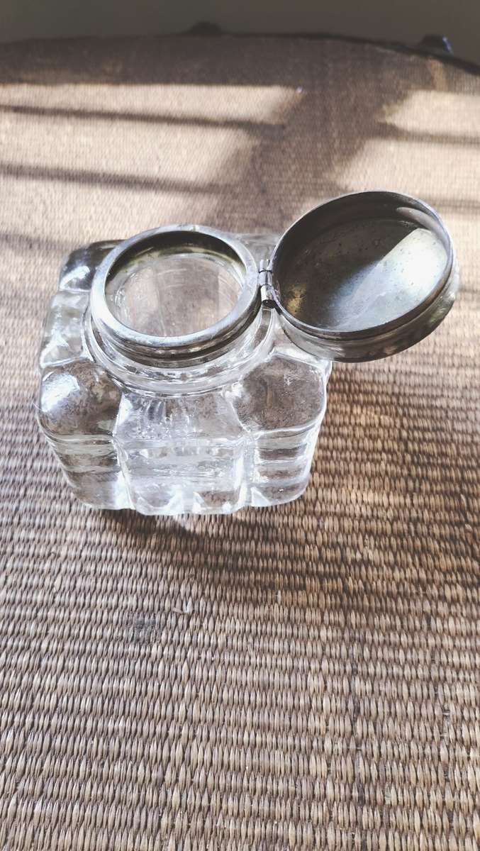 Glass Ink Pot with Silver Plated Lid