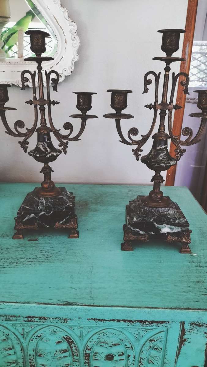 Antique Pair of Marble & Spelter Candelabras