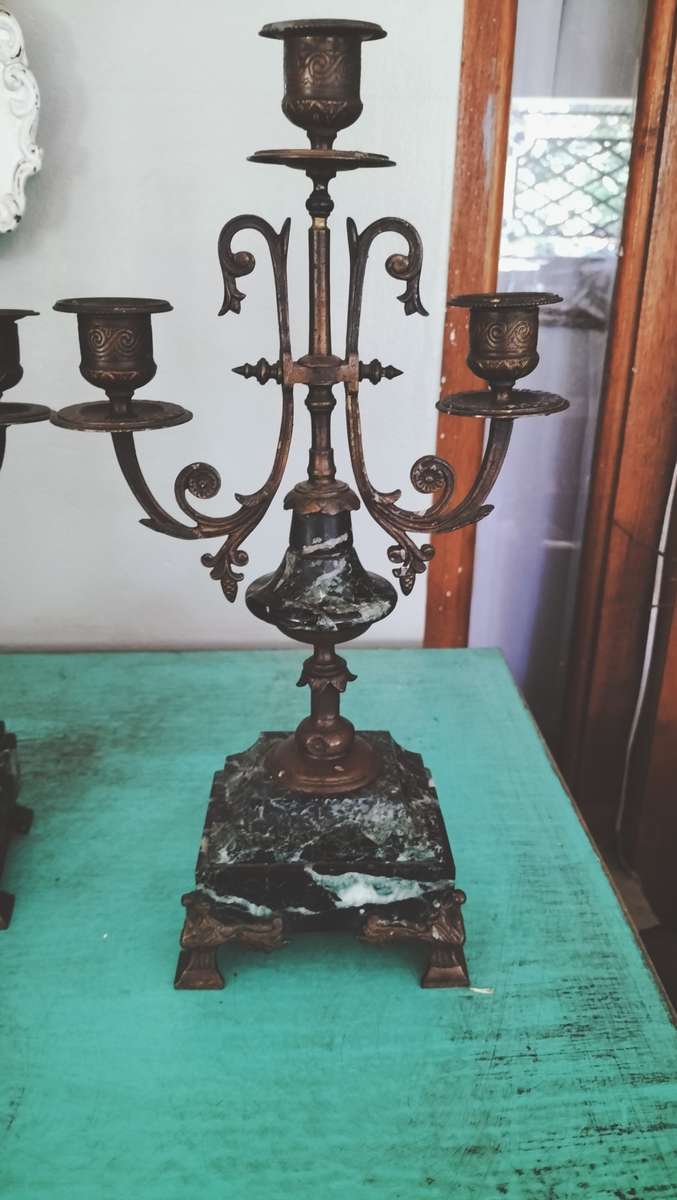 Antique Pair of Marble & Spelter Candelabras