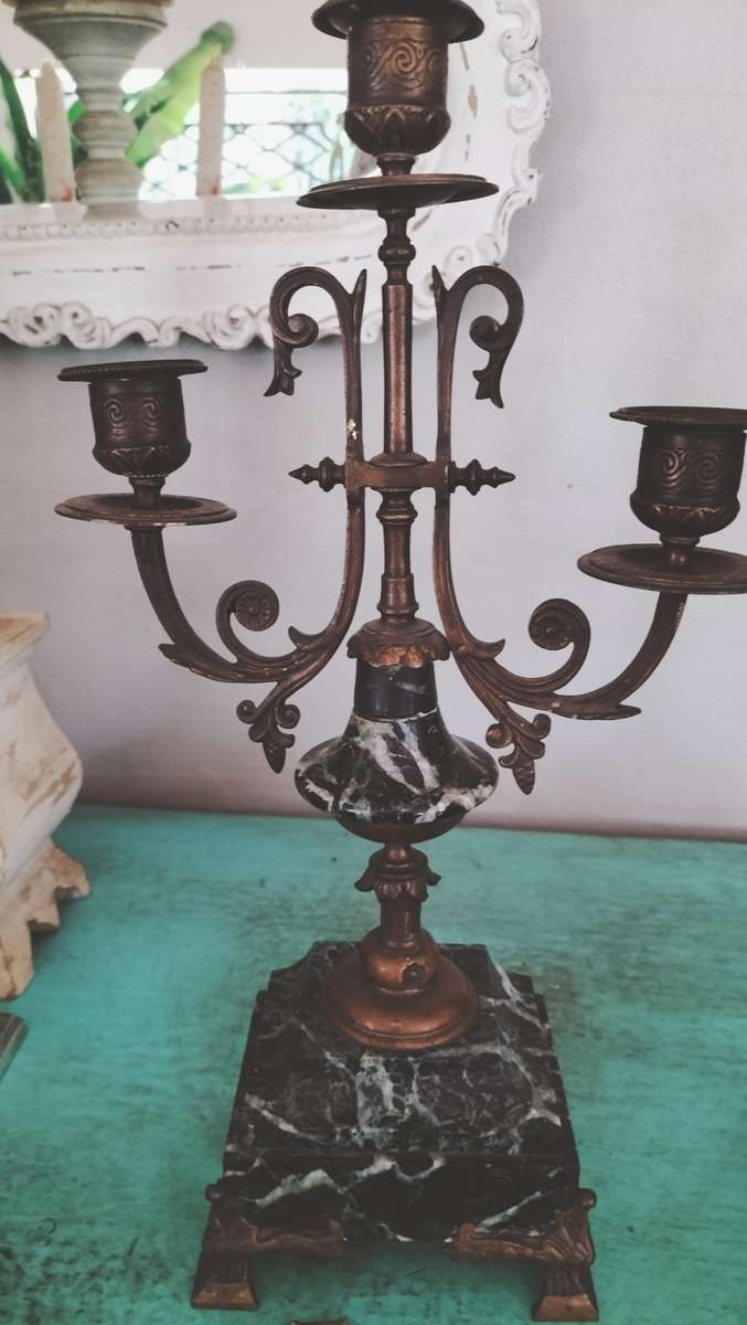 Antique Pair of Marble & Spelter Candelabras