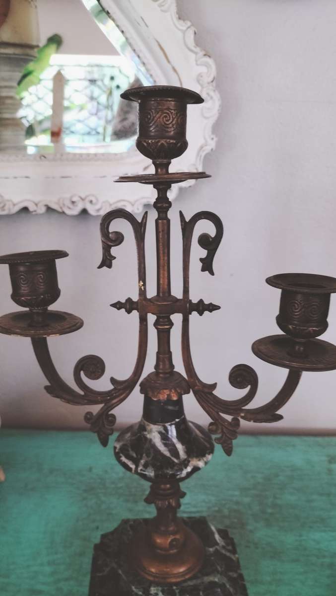 Antique Pair of Marble & Spelter Candelabras