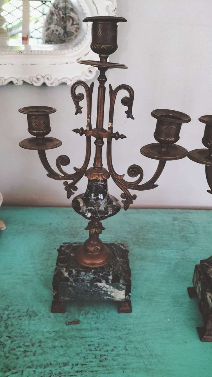 Antique Pair of Marble & Spelter Candelabras