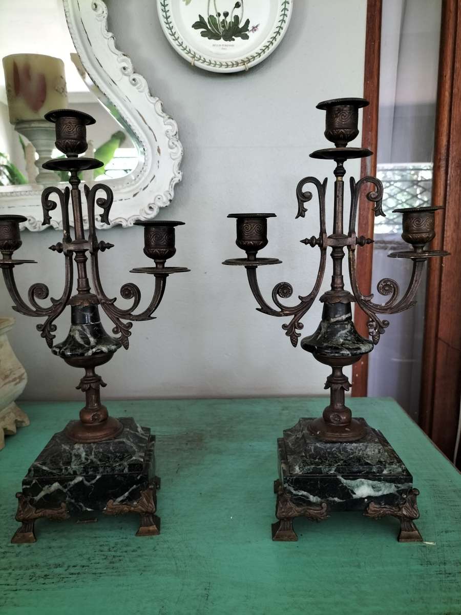 Antique Pair of Marble & Spelter Candelabras