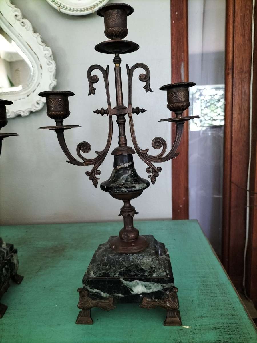 Antique Pair of Marble & Spelter Candelabras