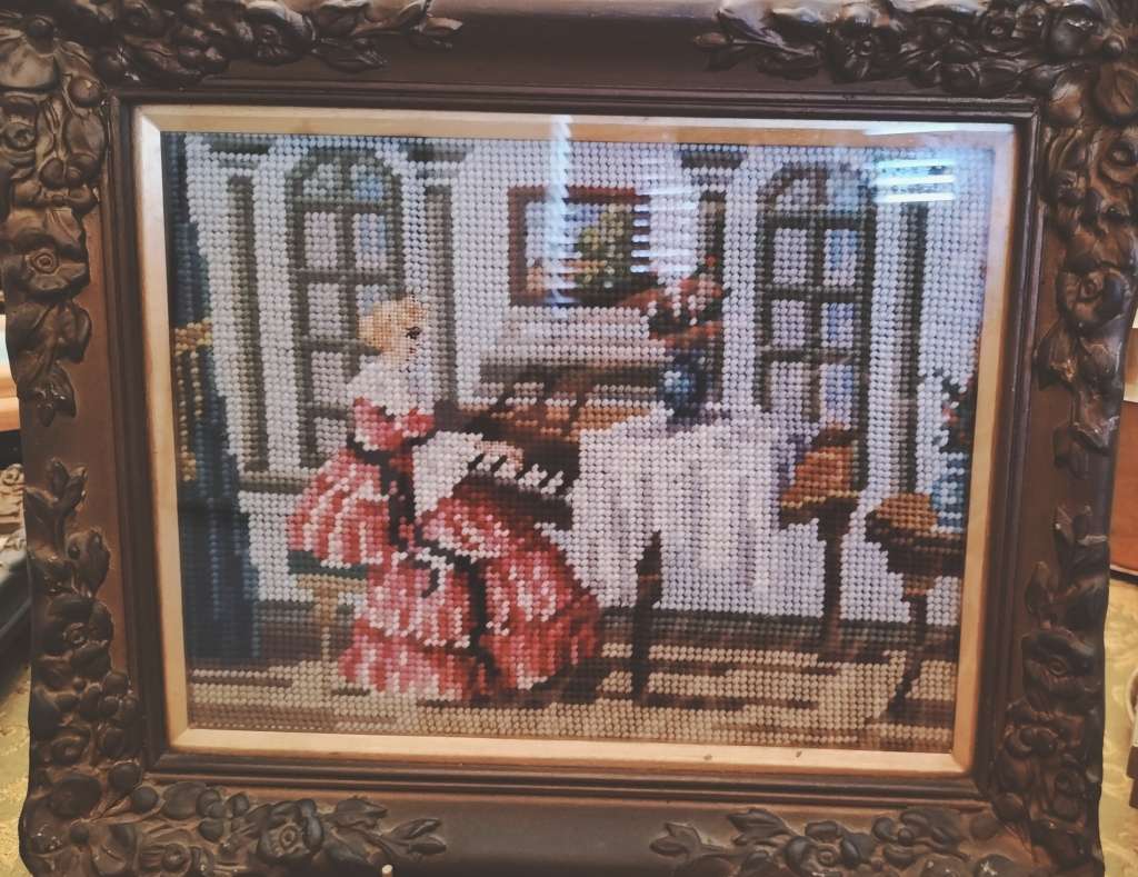 Pair of Beautifully Framed Ornate Gold Frames with Tapestries of Victorian Style Woman