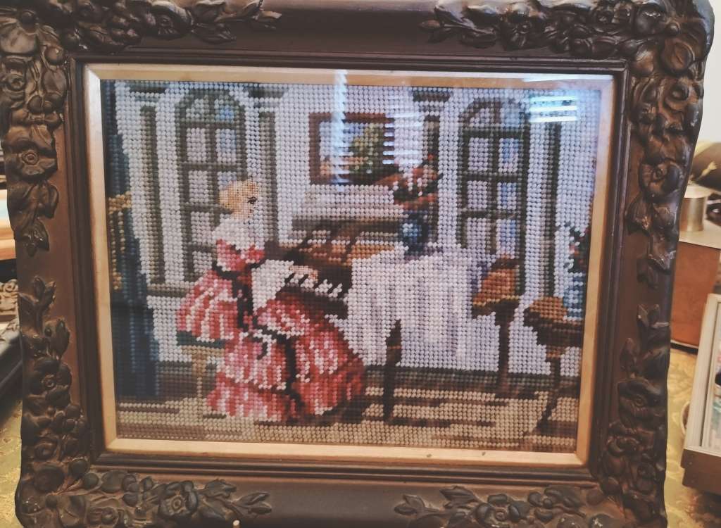 Pair of Beautifully Framed Ornate Gold Frames with Tapestries of Victorian Style Woman
