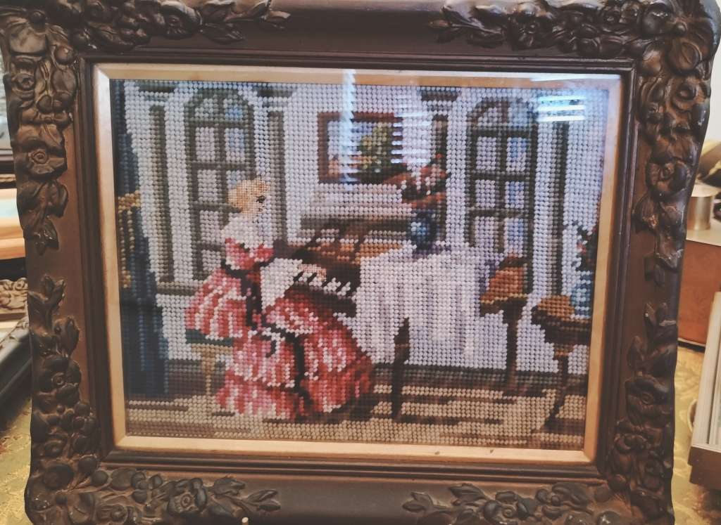 Pair of Beautifully Framed Ornate Gold Frames with Tapestries of Victorian Style Woman