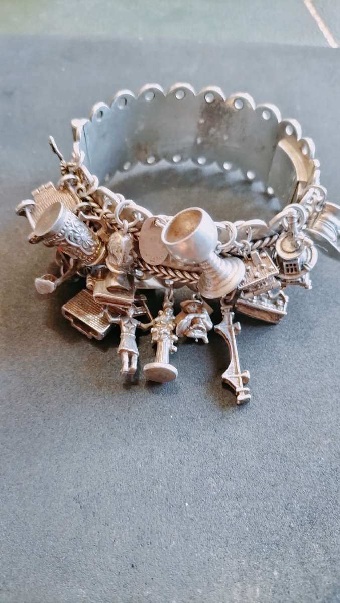 Hinged Silver Bracelet with Vintage Charms 149 grams