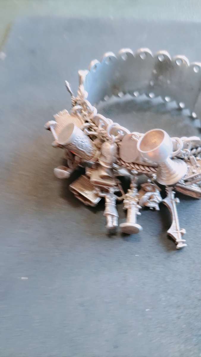 Hinged Silver Bracelet with Vintage Charms 149 grams