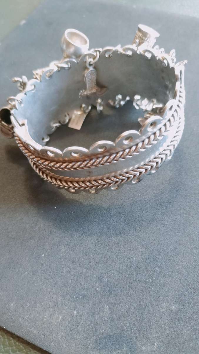 Hinged Silver Bracelet with Vintage Charms 149 grams