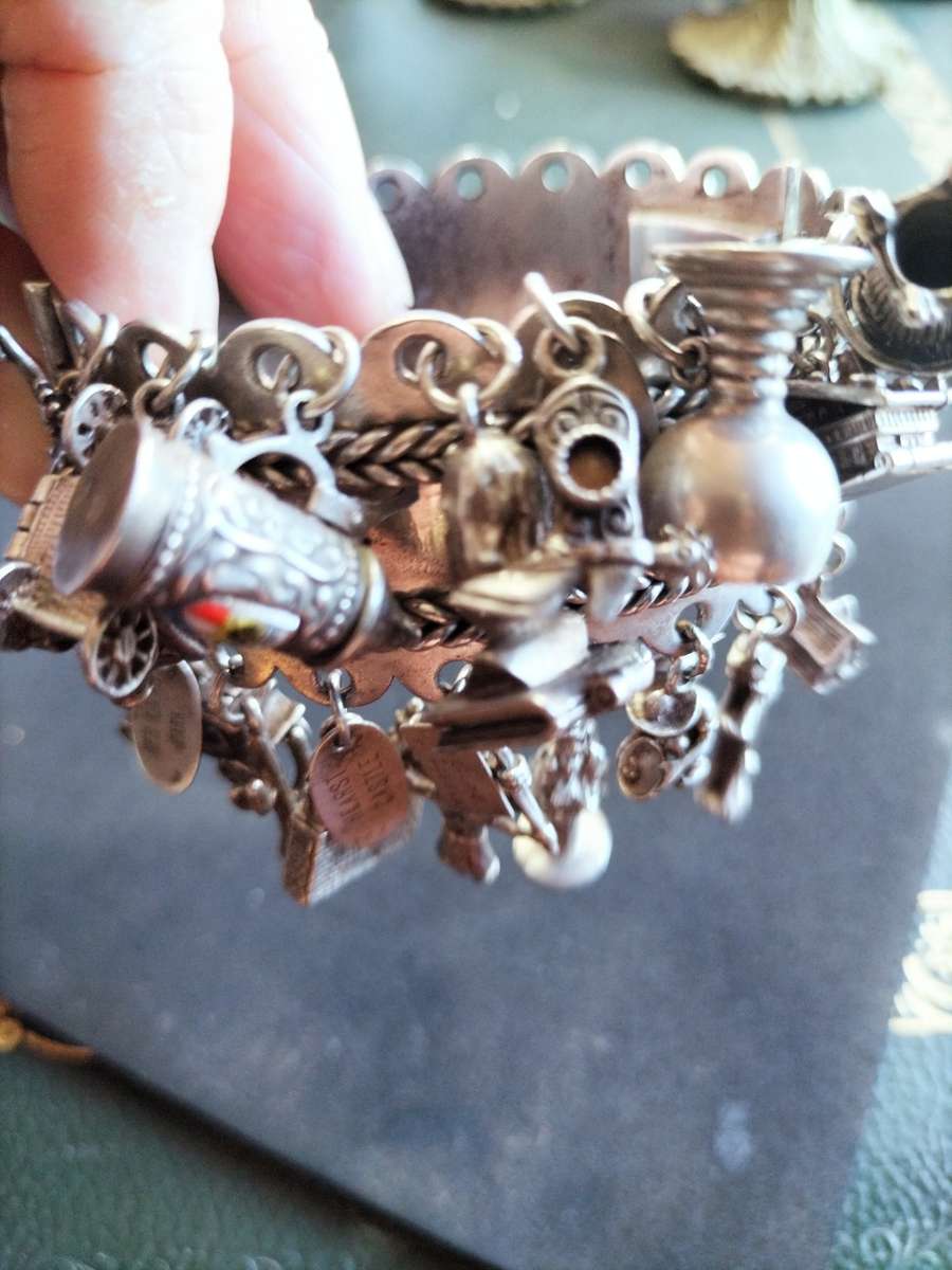 Hinged Silver Bracelet with Vintage Charms 149 grams