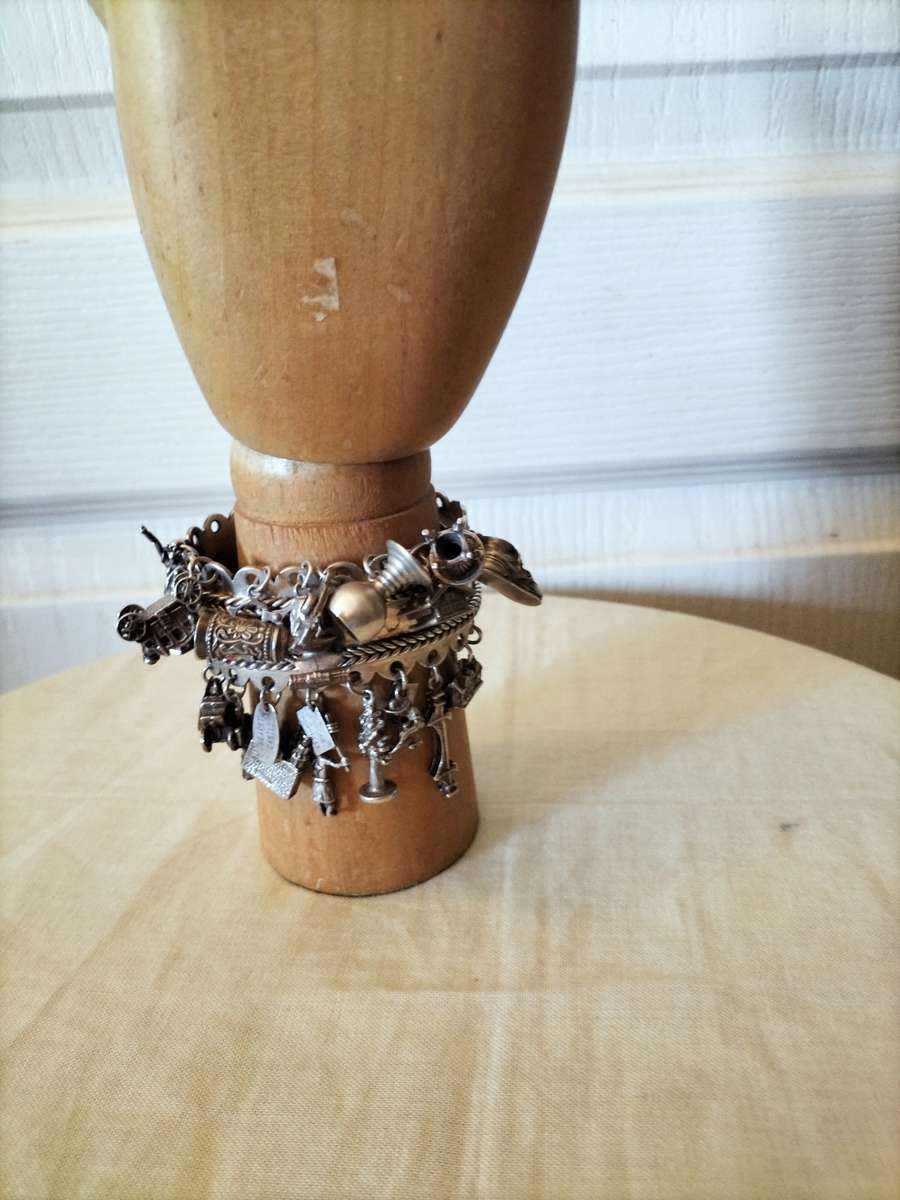 Hinged Silver Bracelet with Vintage Charms 149 grams
